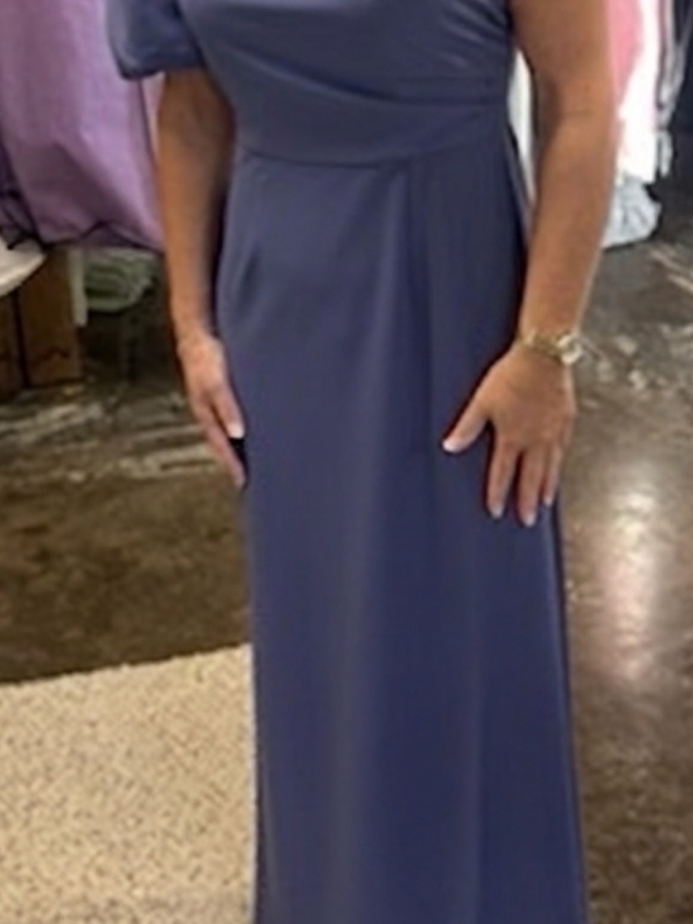 Oleg Cassini Dusty Blue One-Shoulder Evening Dress